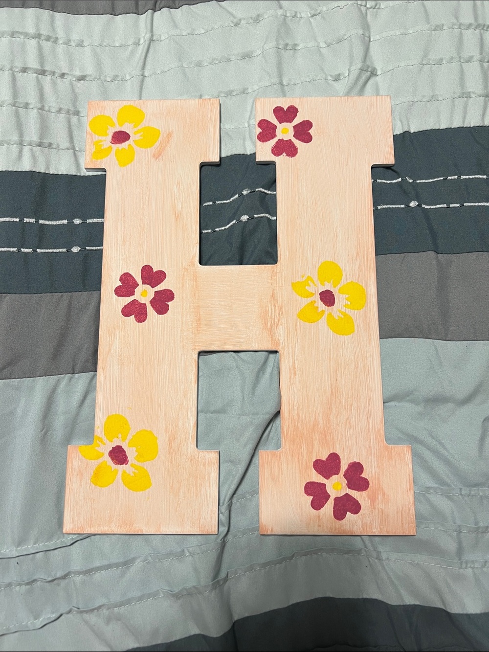 Hand-Painted Floral Wooden Letter “H” - Peach with Yellow & Maroon Flowers